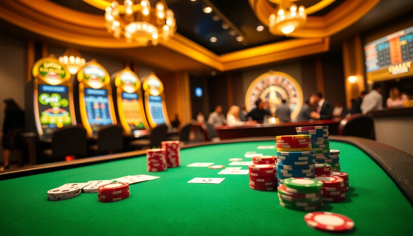 SBOBET players enjoying an exciting poker game with colorful chips in a luxurious casino setting.