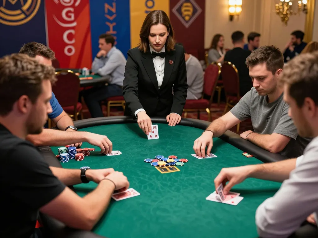 IWIN68 players competing in a poker game with colorful chips and intense strategy