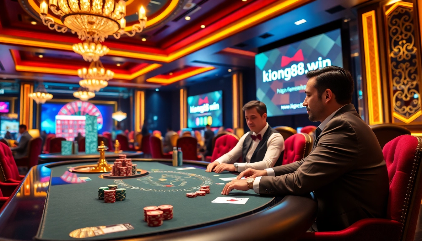 Gamblers strategizing at a poker table with chips and cards in a luxurious casino, highlighting https://kong88.win.