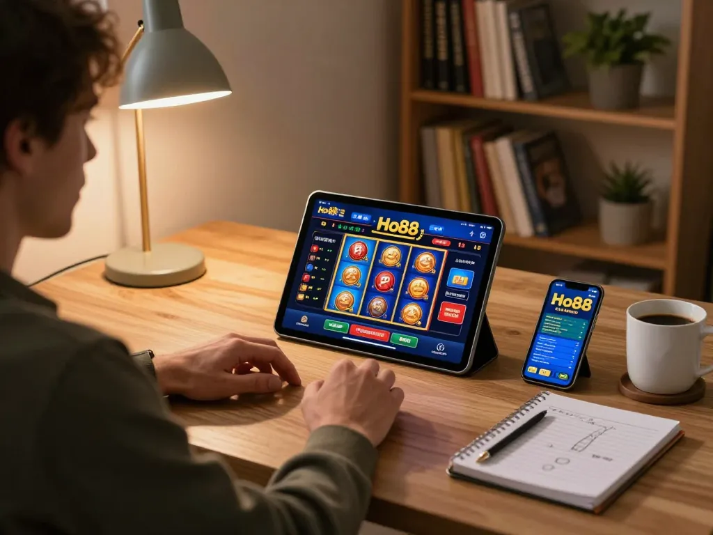 Player engaging with Ho88 casino app on a tablet in a cozy home office setting, colorful slots interface visible.
