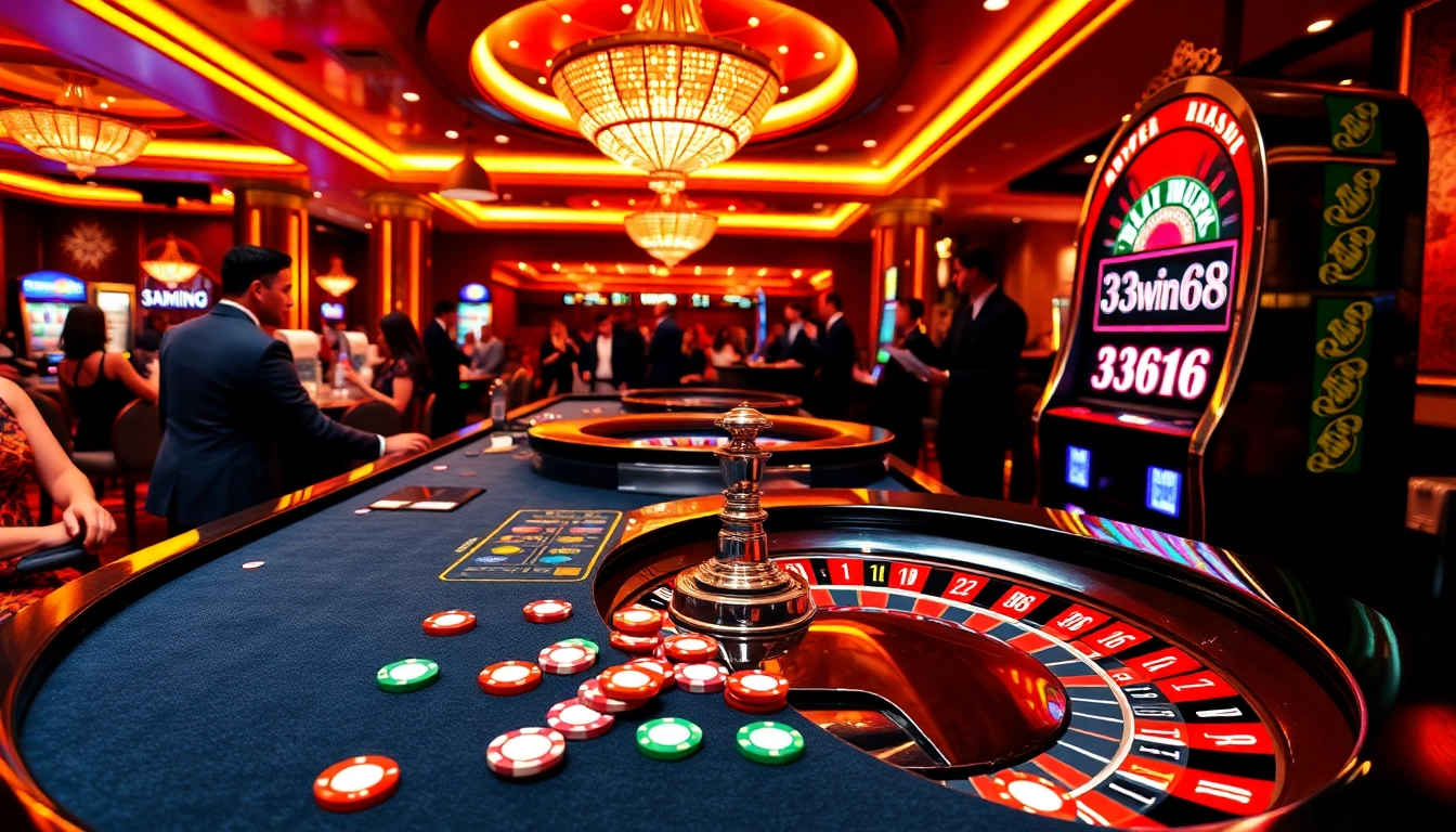 Exciting gambling scene at 33win68 casino with roulette, poker chips, and players.