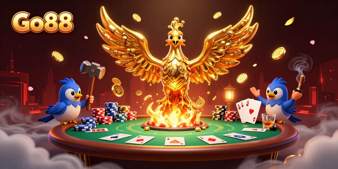 Go88 players enjoy an exciting 3D casino scene full of action, poker chips, and golden rewards.