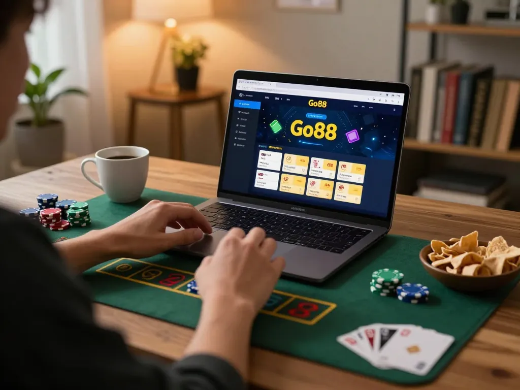 Engaging in online gambling with Go88's platform on a cozy home gaming setup, showcasing a strategic betting scenario.