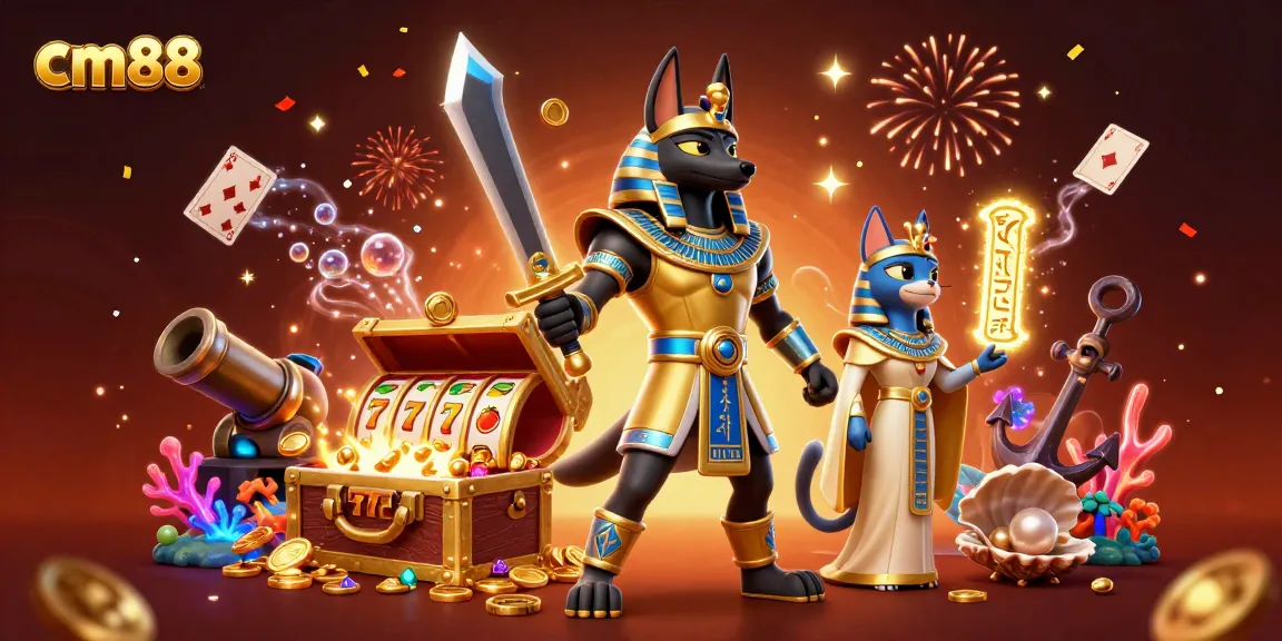 Engage with cm88 through this vibrant 3D casino illustration featuring Egyptian characters and gaming elements.