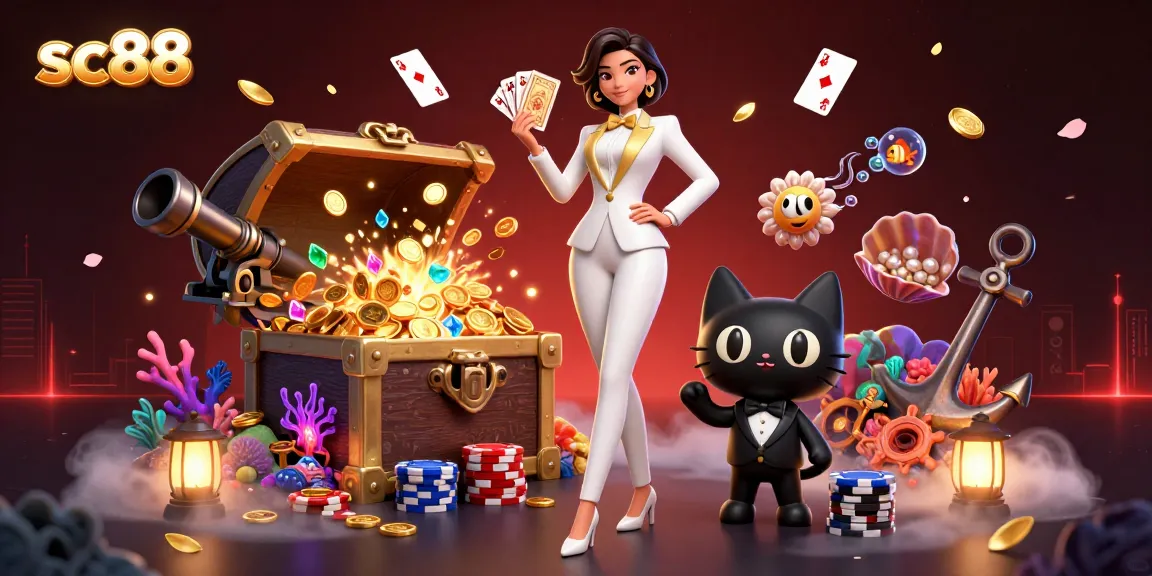 Experience thrilling gaming at sc88 with a glamorous dealer and a playful cat in an enchanting casino scene.
