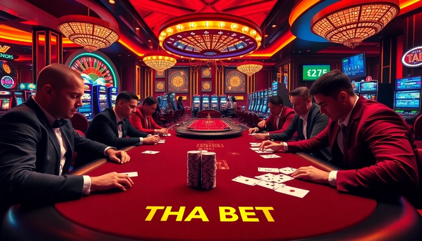 Experience THA BET excitement at a luxurious poker table surrounded by vibrant casino energy.