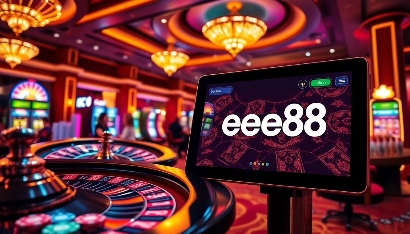 Engage in the excitement of online gambling with ee88 đăng nhập and vivid casino visuals featuring roulette and poker.