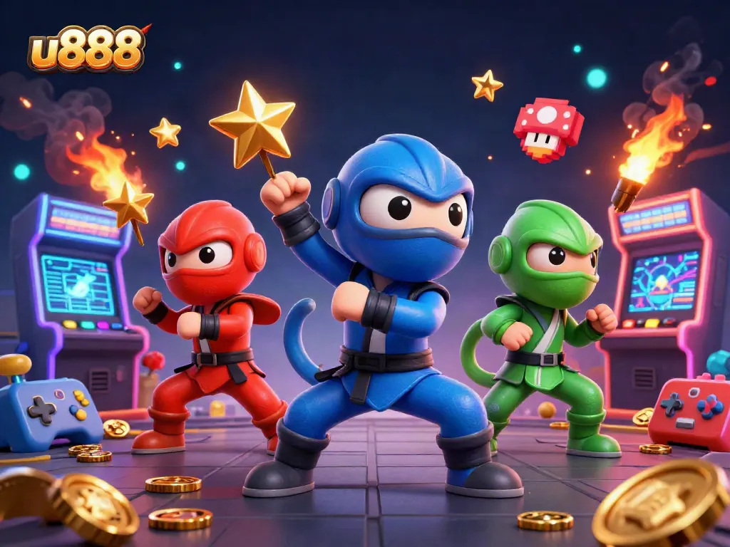 Experience thrilling gameplay with u888 as ninja chameleons engage in martial arts amidst vibrant arcade elements.
