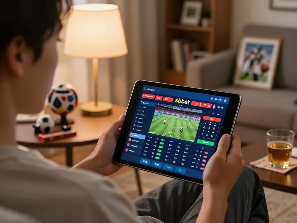 Sbobet sports betting displayed on a tablet in a cozy home setting, highlighting online gambling leisure.