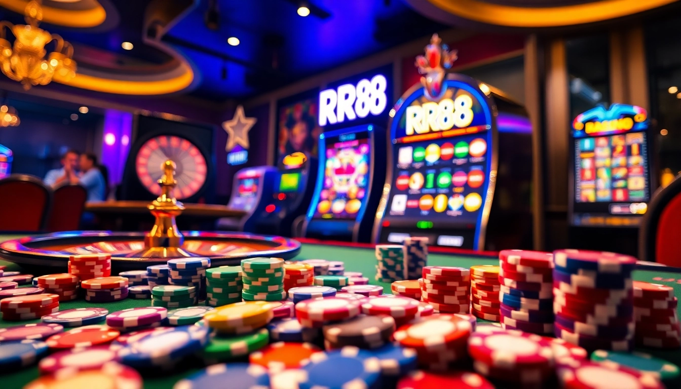 Players enjoying a thrilling game at RR88 casino, showcasing vibrant poker chips and excitement.