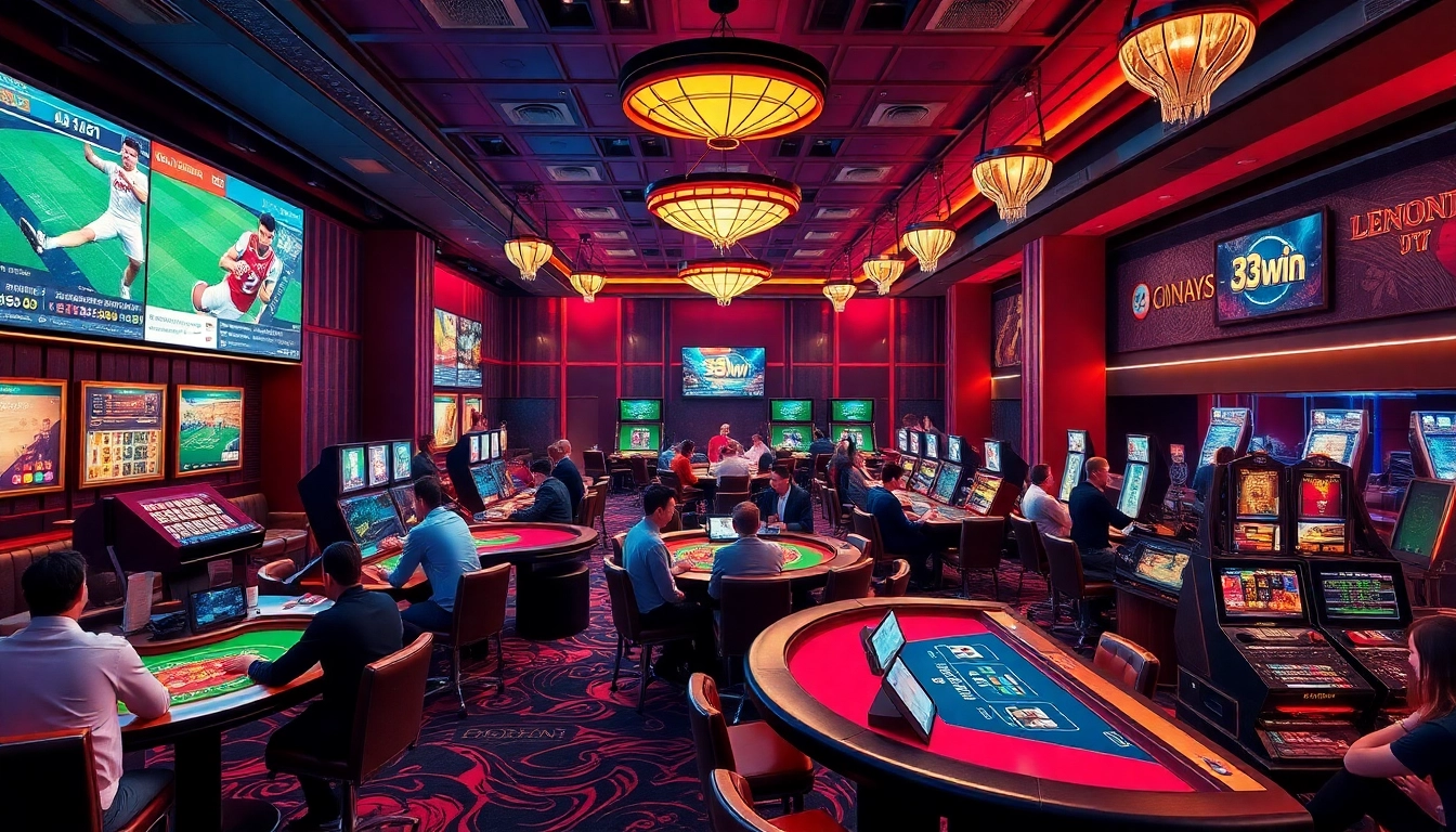 Engaging online casino scene at 33win, showcasing players and professional dealers in a vibrant environment.