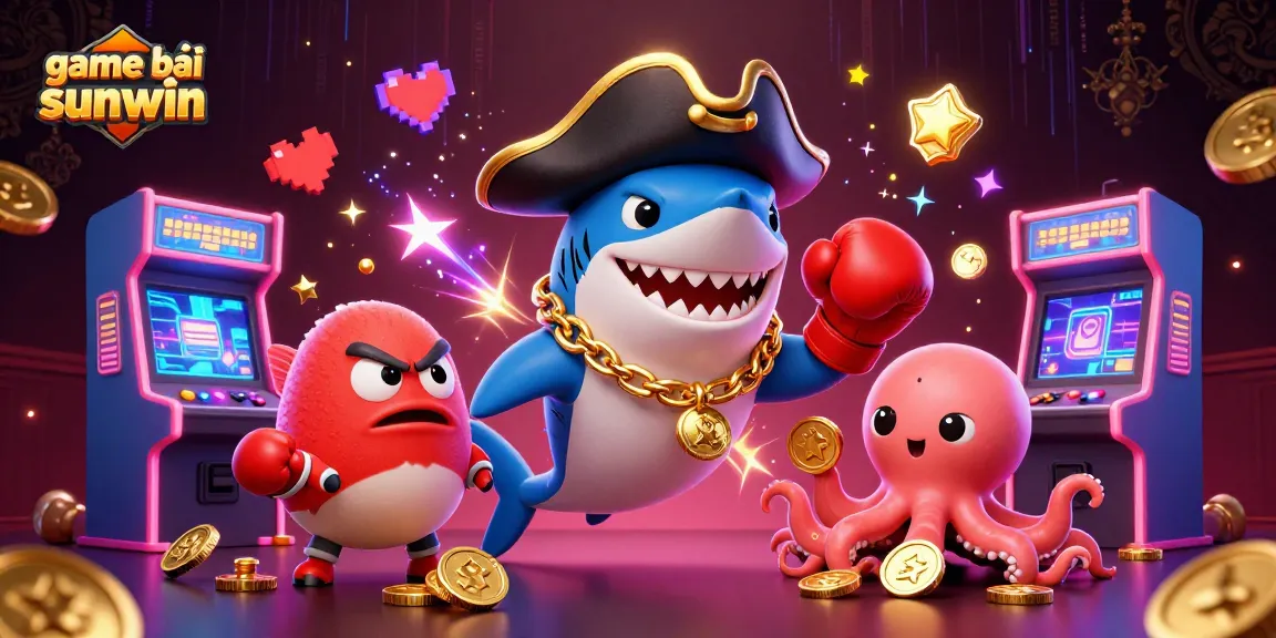 Experience excitement with game bài sunwin featuring a pirate shark, pufferfish, and octopus surrounded by vibrant arcade elements.