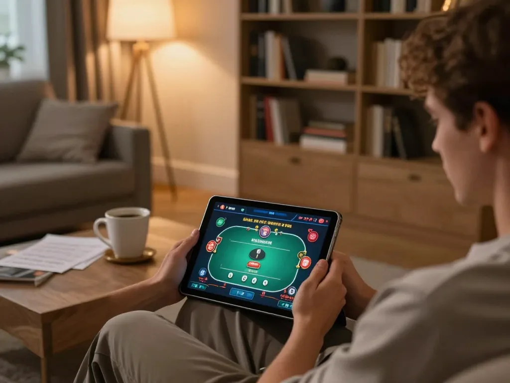 Player engaging in online casino games on Hello88 tablet in a cozy home environment.