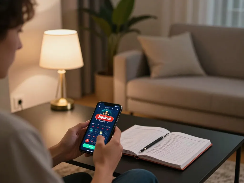 Player using the Jogoluck casino app on a smartphone in a cozy living room setting while practicing responsible gambling.