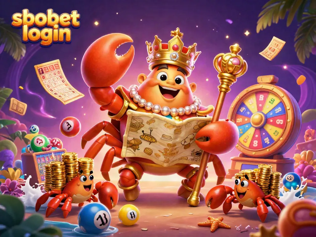 Engage with sbobet login as vibrant lottery elements surround a golden crab emperor in an online casino setting.