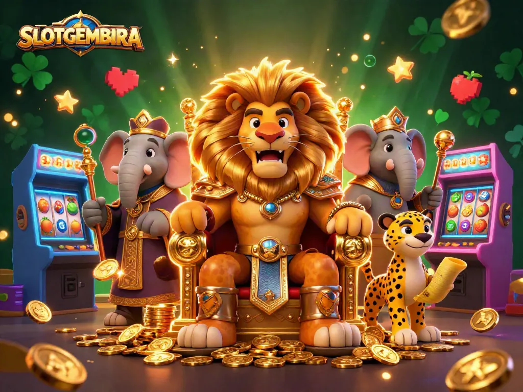 SLOTGEMBIRA showcases an epic gaming scene with a lion king, elephant advisor, and cheetah messenger amid glowing slot machines.