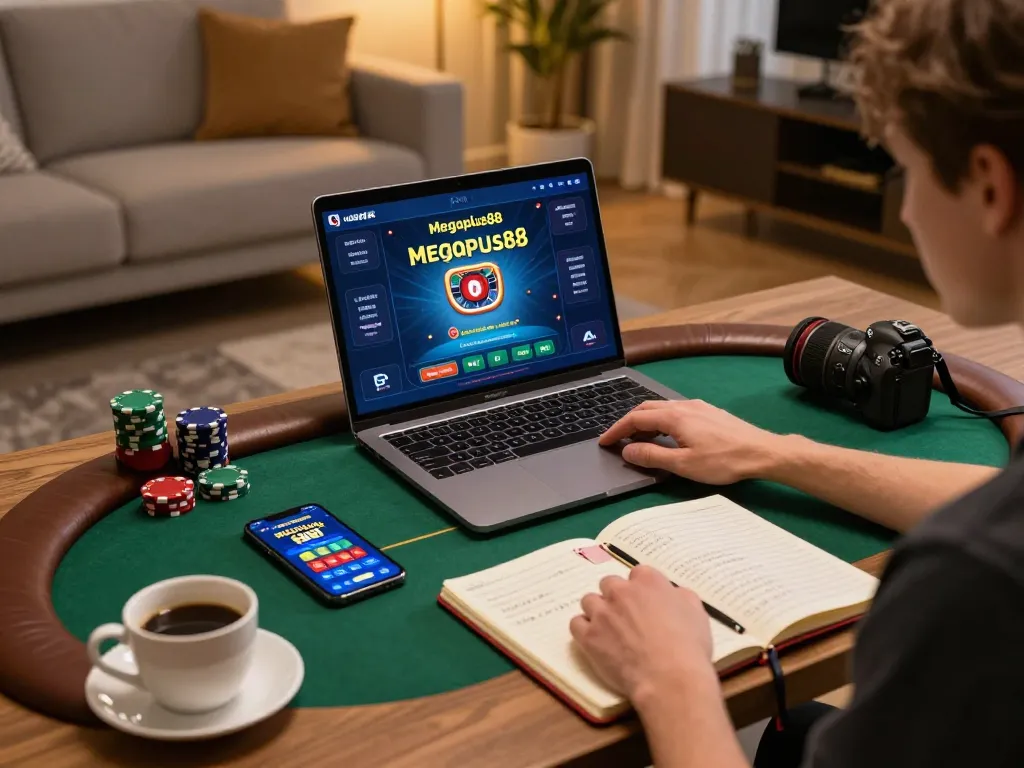 Engaging gaming session on megaplus88 with a laptop and strategy notes in a cozy atmosphere.