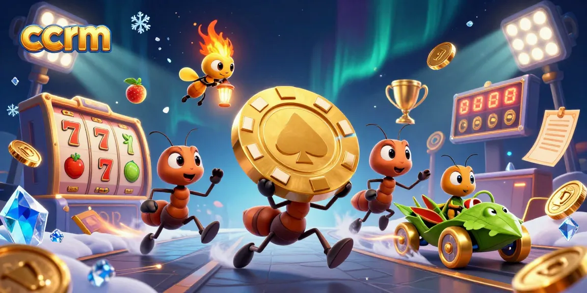 Ants executing a heist in a vibrant ccrm-themed casino scene, featuring dynamic slot game elements.