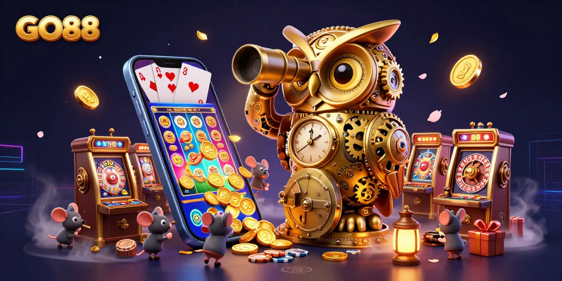 Experience GO88's exciting casino atmosphere with a golden owl and vibrant game elements.