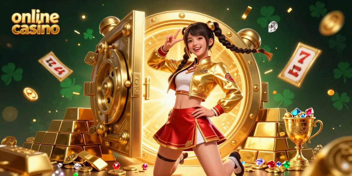 Play dynamic online casino games surrounded by treasures and colorful elements in this engaging illustration.