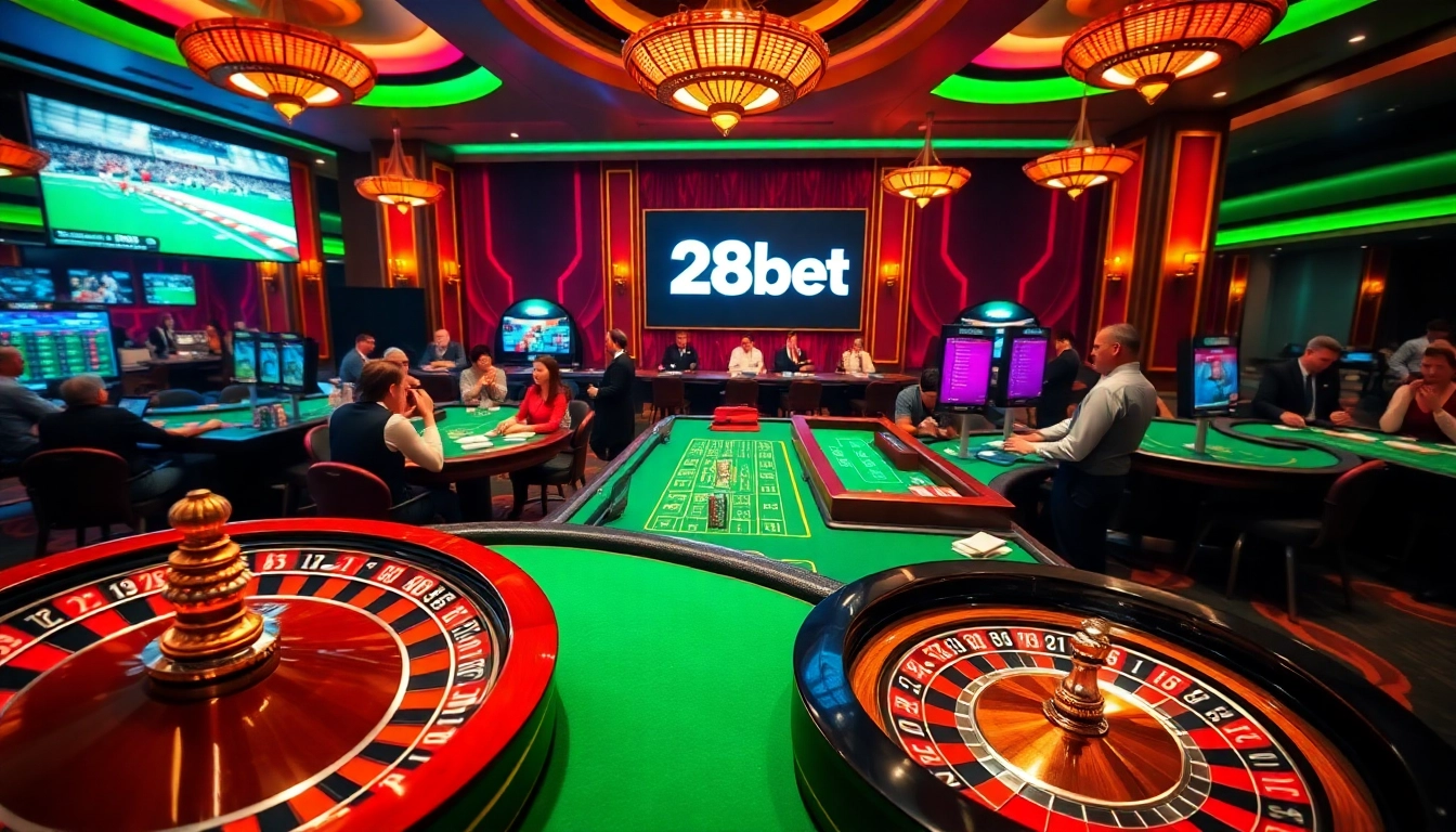 Exciting gaming atmosphere at 28bet casino featuring gamblers at tables and a spinning roulette wheel.