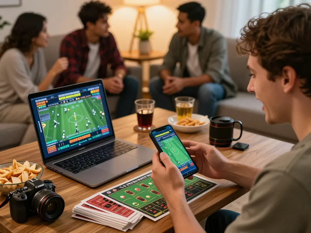 Person engaging in sports betting via smartphone in a lively home setting, F168 COM offering thrilling betting opportunities.