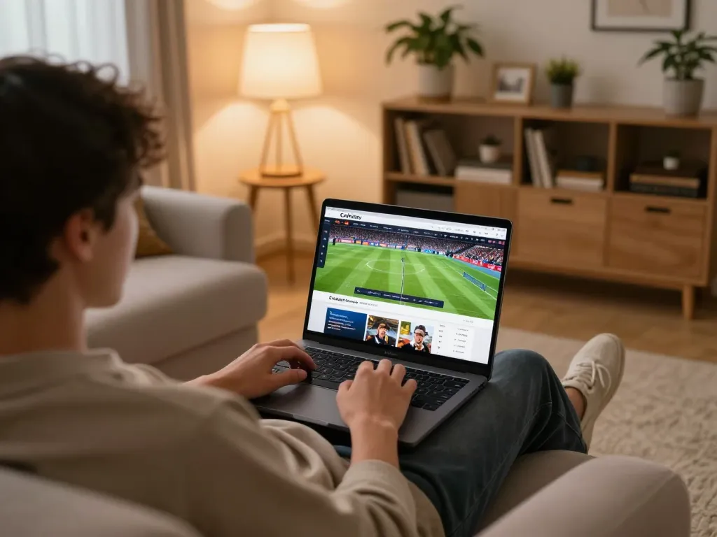 Cakhiatv user enjoying live football streaming on a laptop in a cozy home setting