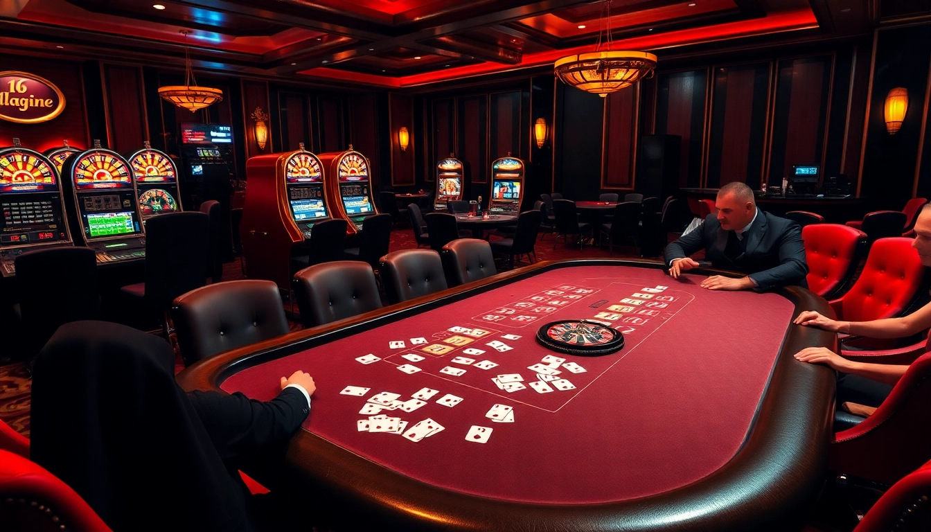 Experience thrilling gaming action at https://rr88.pizza/ with an elegant casino scene featuring poker tables and vibrant slot machines.