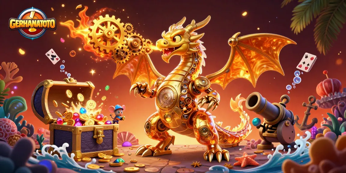GERHANATOTO menghadirkan ilustrasi kasino 3D, menampilkan naga emas dan elemen permainan menarik.