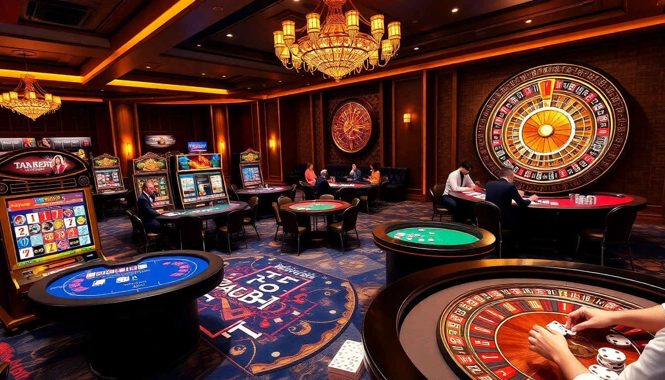Experience the thrill of j88 gaming with players at casino tables and slot machines.