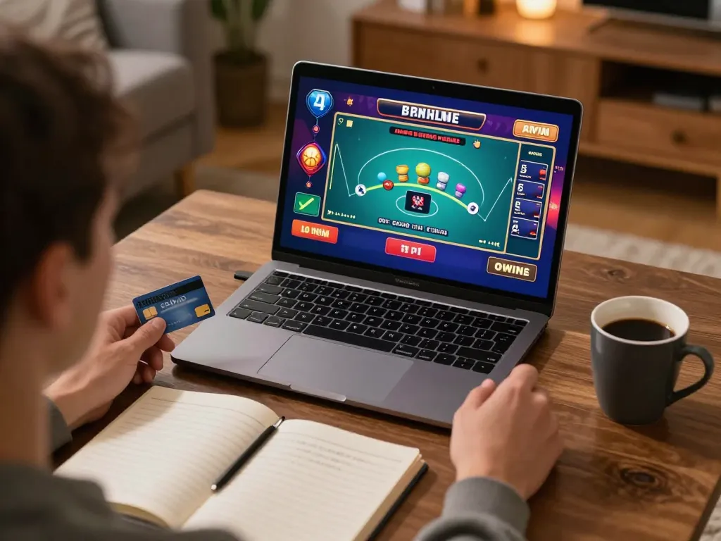Player enjoying a credit card casino game on a laptop with a cozy atmosphere.