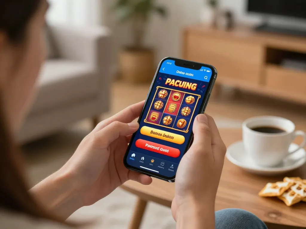 Engaging in online gaming with bonus new member promotions displayed on smartphone screen in comfortable living room