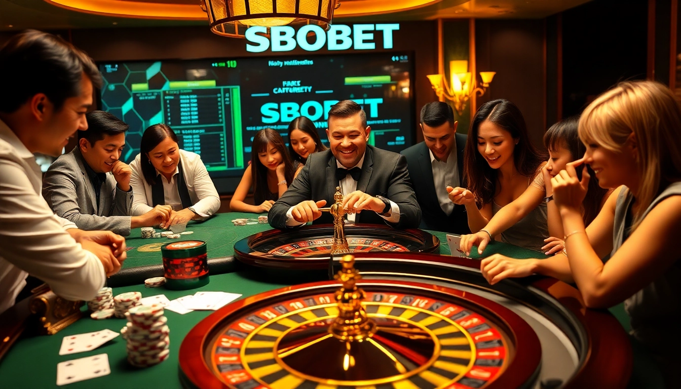 SBOBET enhances the excitement of online betting with a vibrant casino atmosphere featuring poker chips, cards, and roulette.
