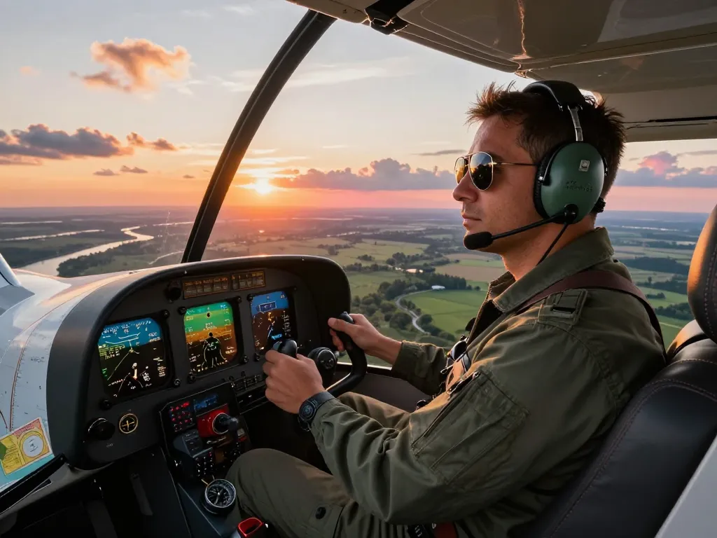 Pilot flying over a stunning landscape in a Fly88 aircraft during sunset.