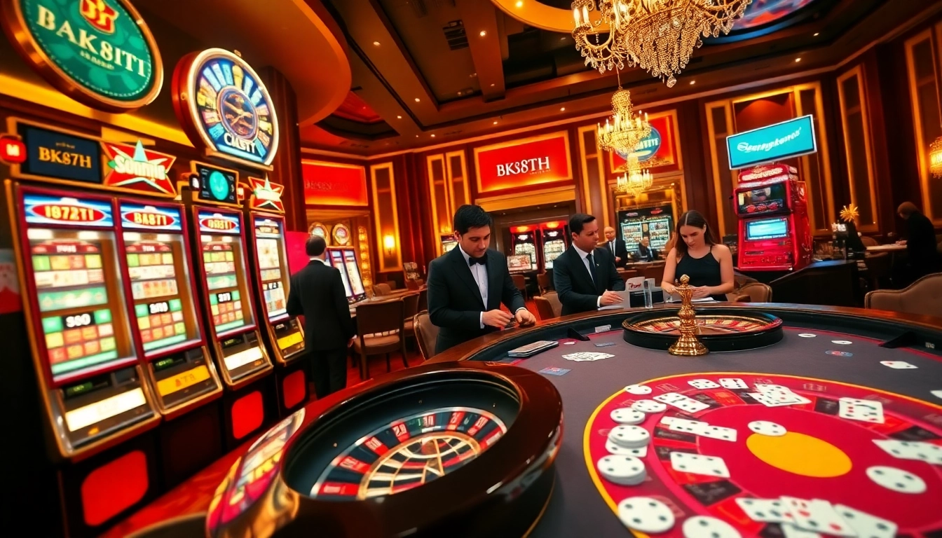Experience bk8th with a lively casino setting featuring slot machines and poker games.