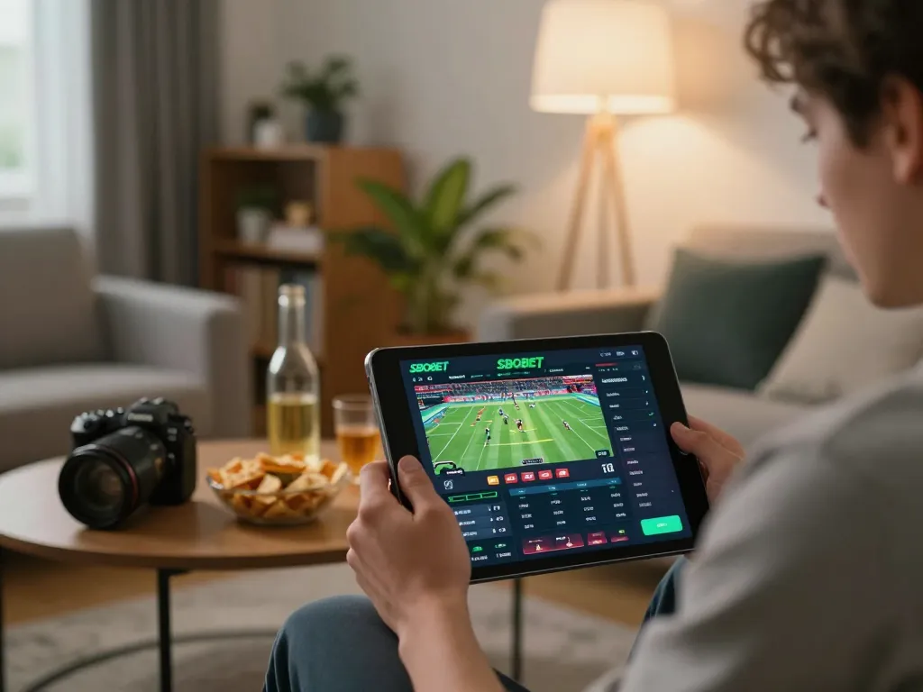 Scene bermain SBOBET mobile yang menangkap seorang pemain terlibat dalam taruhan olahraga langsung di tablet
