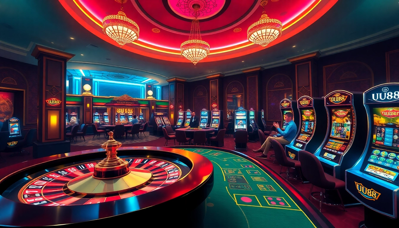 Players experiencing the thrill of gambling at UU88, featuring a vibrant casino atmosphere.