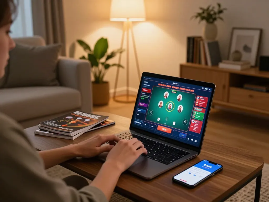Player enjoys poker on Go99 app during a cozy home gaming setup with modern decor.