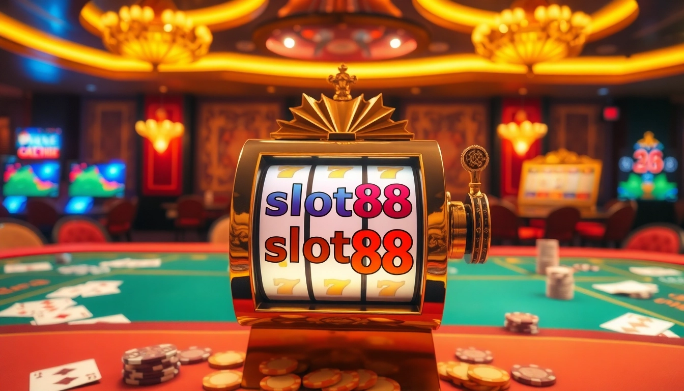 Experience thrilling wins with the vibrant slot88 machine amidst a luxurious casino atmosphere.