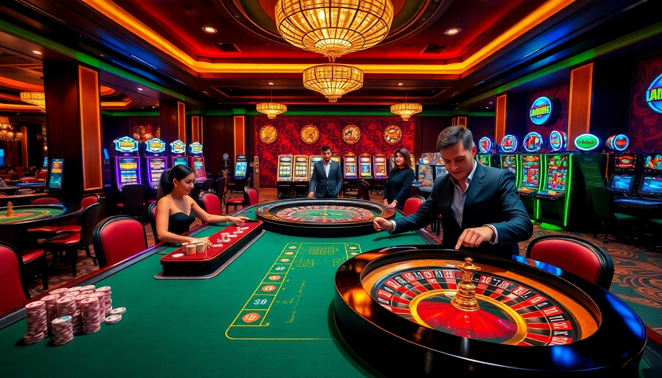 Experience thrilling gaming action at JUN88 with vibrant casino tables, players engaged, and dynamic slot machines.