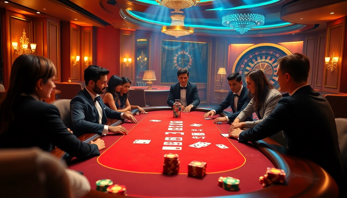 Engaged players at a juragan77 poker table showcasing excitement in a luxury casino.
