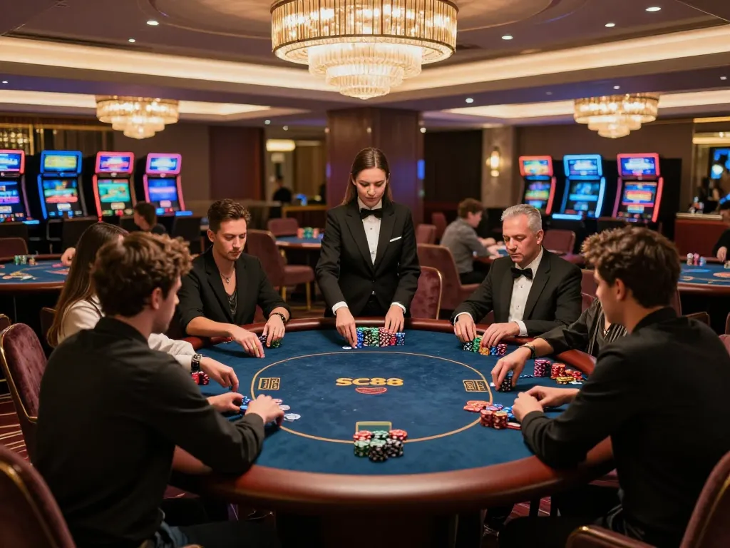 Experience the excitement of high-stakes gameplay at SC88 Vip's exclusive poker table in luxury setting.
