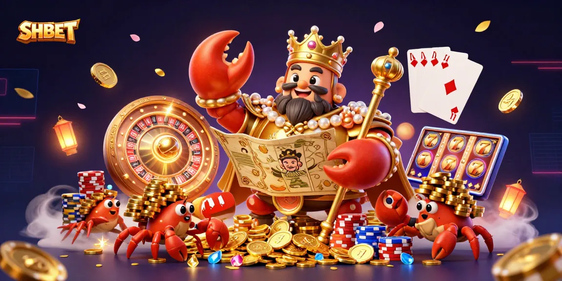 SHBET casino illustration featuring a massive golden crab emperor among treasures and gaming elements.