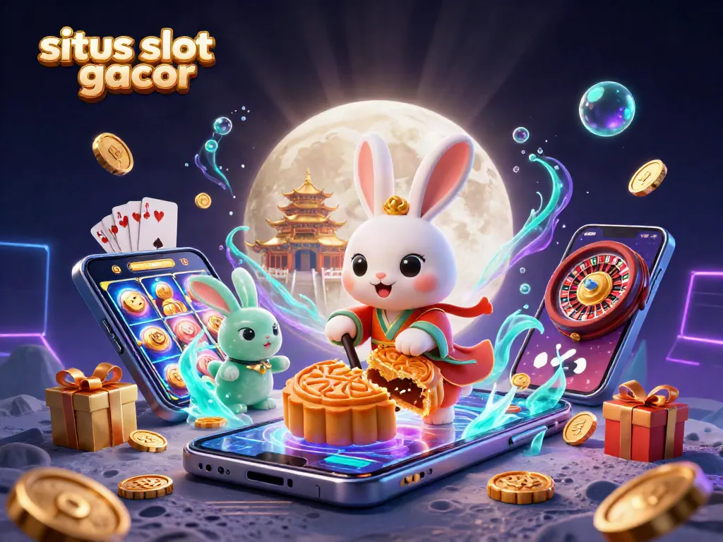 Menangkan situs slot gacor dengan ilustrasi 3D kelinci bulan mengolah kue bulan di permukaan bulan.