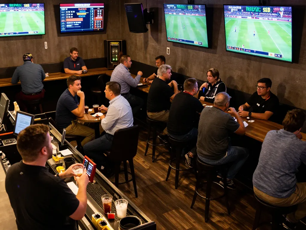 Exciting sports betting scene at mu88com, showing patrons engaging with multiple screens, beverages, and odds tracking.
