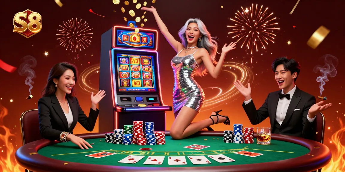 S8 players celebrating a jackpot win with vibrant neon lights and casino elements