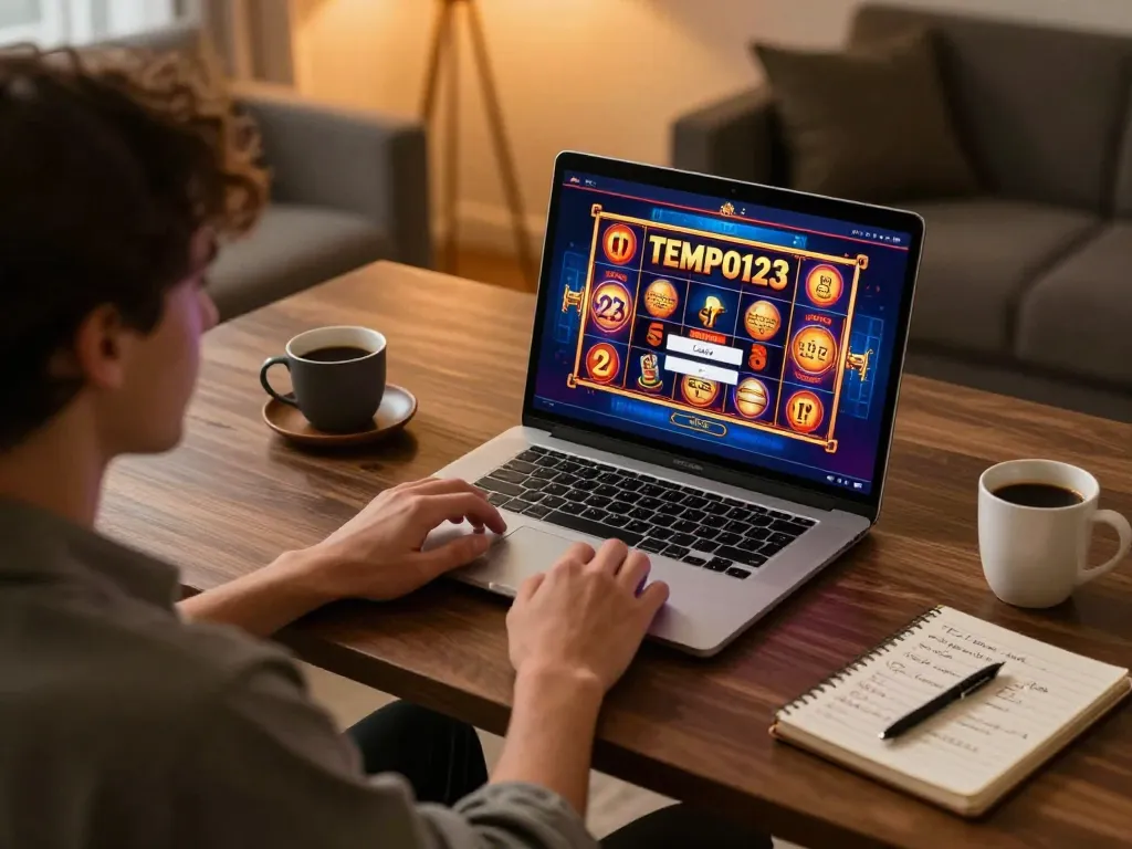 Berinteraksi dengan antarmuka Tempo123 Login saat bermain slot online dalam pengaturan rumah yang nyaman.