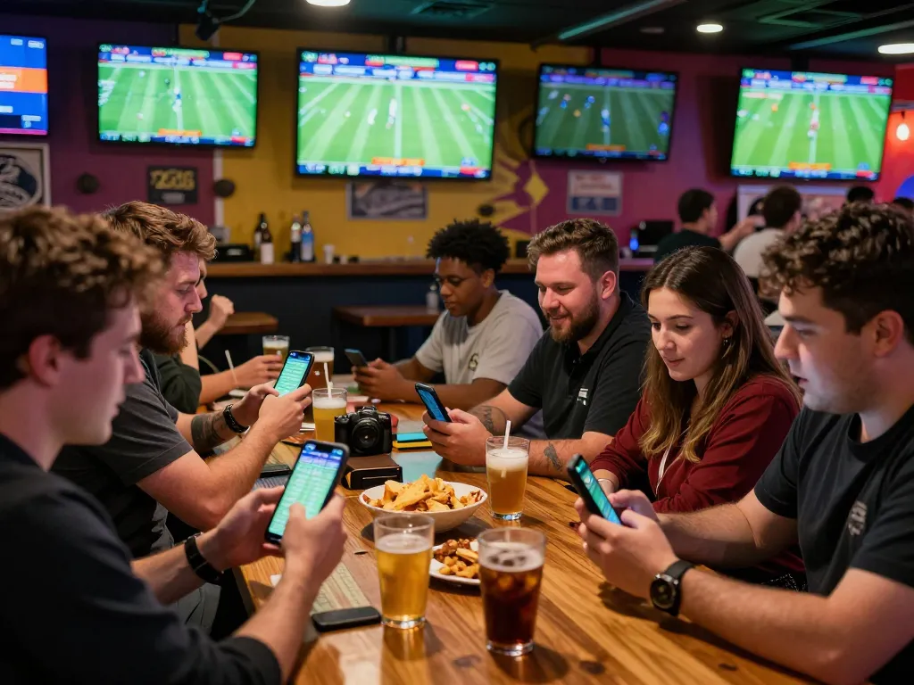 Engaged viewers placing bets on Trực tiếp bóng đá at a lively sports bar during live matches