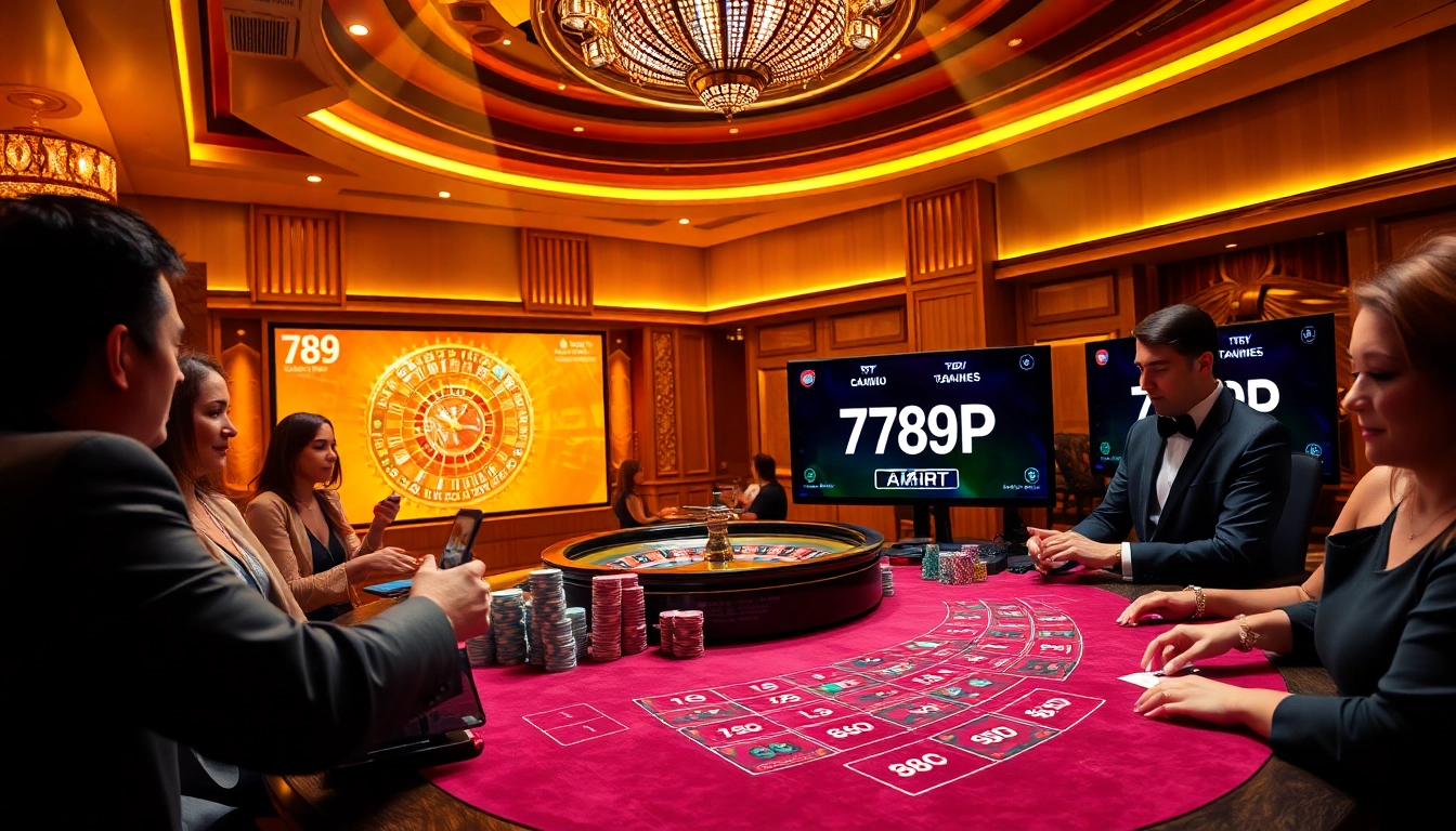 Players strategizing and placing bets at a luxurious casino table featuring 789P.