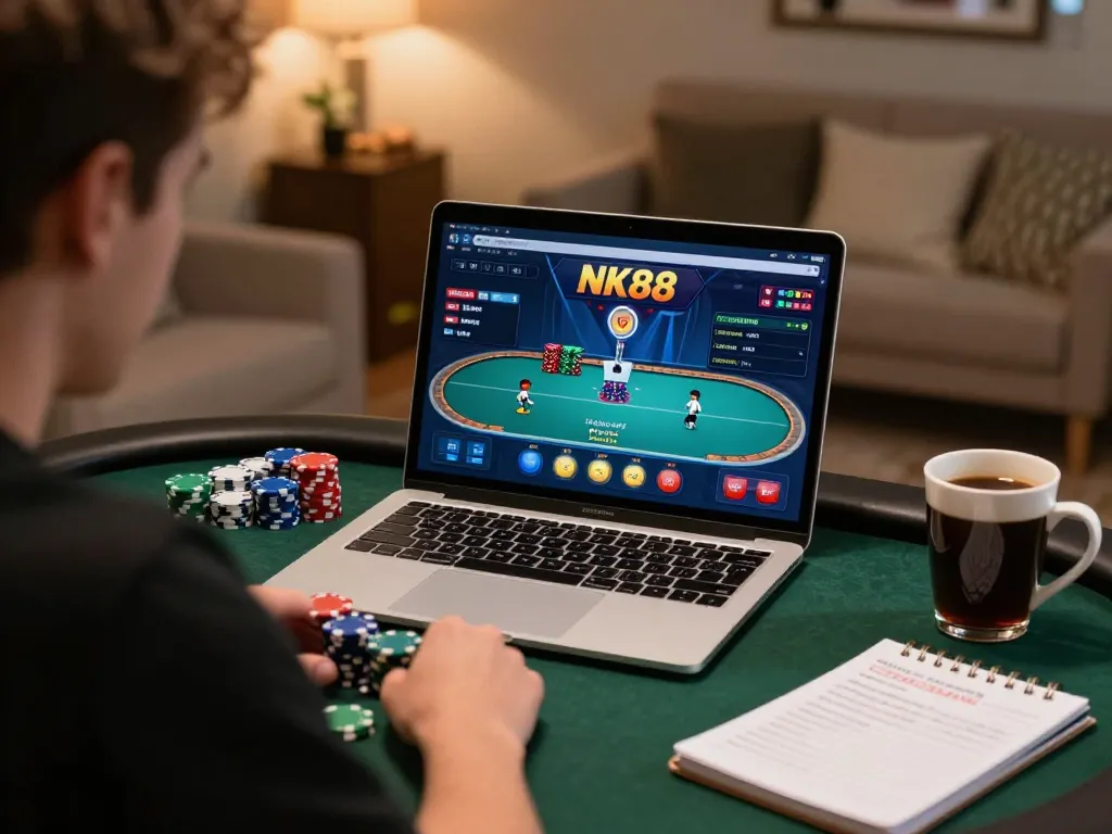 Engaged player enjoying NK88 online poker game on laptop with colorful chips.
